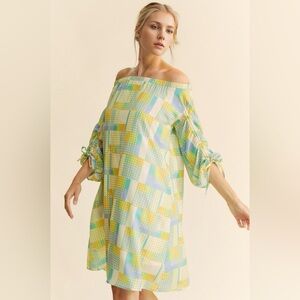 Davi & Dani Printed Off Shoulder Drawstring Sleeve Mini Dress